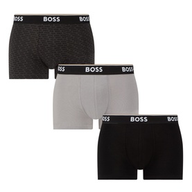 Hugo Boss Three-Pack Power Assorted Trunks in dark grey, black and logo-print, with elasticated BOSS waistbands, trunk style