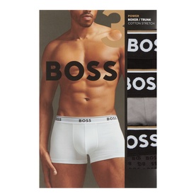 Hugo Boss Three-Pack Power Assorted Trunks in dark grey, black and white, with elasticated logo waistbands, shown on model and packaged set