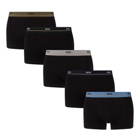 Hugo Boss Five-Pack Essential Logo Boxer Trunks in black with assorted coloured logo waistbands including khaki, grey and blue