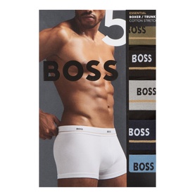 Hugo Boss Five-Pack Essential Logo Boxer Trunks in assorted colours including black, khaki, white and blue, shown in branded packaging