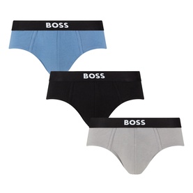 Hugo Boss blue, black and grey cotton briefs 3-pack with black branded elastic waistbands, laid flat