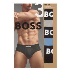 Model wearing Hugo Boss Boss One Briefs 3-Pack in black, grey and blue, shown alongside product packaging