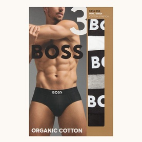 Hugo Boss Logo Stretch Mini Briefs Three-Pack in multi, showing packaged set with model wearing black brief with logo waistband