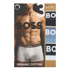 Hugo Boss Bold Boxer Trunks 3-Pack in blue, white and navy organic cotton stretch with branded waistband, product packaging shot