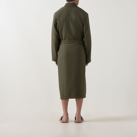 Model wearing Hugo Boss Logo Waffle Robe in green, showing rear view with self-tying belt, mid-length cut and waffle texture.