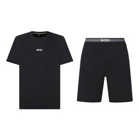 Hugo Boss Piqu&eacute; Shorts Pyjama Set in black; crew-neck tee with chest logo and shorts with elasticated BOSS waistband