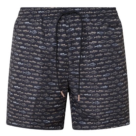 Hugo Boss black swim shorts with all-over fish print, elasticated drawstring waist and rose gold branded tab detail.