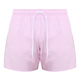 Hugo Boss Iconic Logo Swim Shorts in Bright Pink with white drawstring waistband and signature stripe detailing along legs