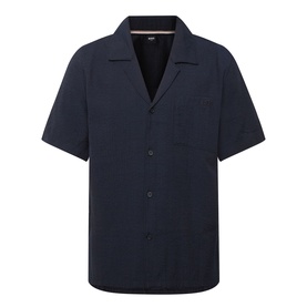 Hugo Boss black short-sleeve camp collar shirt with button front and chest pocket, in polyester-cotton blend.