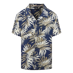 Hugo Boss dark beige tropical palm leaf print short-sleeve camp collar shirt in 100% viscose