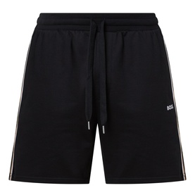 Hugo Boss black cotton loungewear shorts with elasticated drawstring waist and contrast side stripe detailing