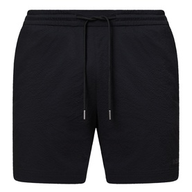 Hugo Boss Logo Seersucker Swim Shorts in black, elasticated drawstring waist, tonal logo detail, straight-leg cut with clean hems