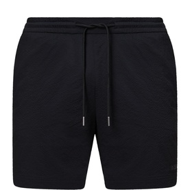 Hugo Boss Logo Seersucker Swim Shorts in black, elasticated drawstring waist, tonal logo detail, straight-leg cut with clean hems