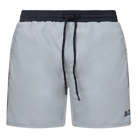Hugo Boss Starfish Logo Swim Shorts in grey with navy contrast side piping, elasticated waist, drawstring fastening and logo detail.