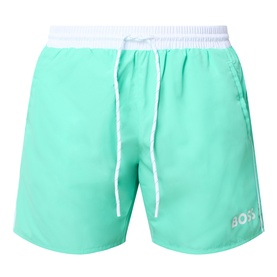 Hugo Boss bright green swim shorts with white waistband, drawstring tie, and logo print at hem