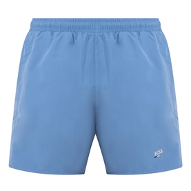 Hugo Boss Swordfish Logo Swim Shorts in light pastel blue with elasticated waistband, side pockets, and embroidered logo detail.