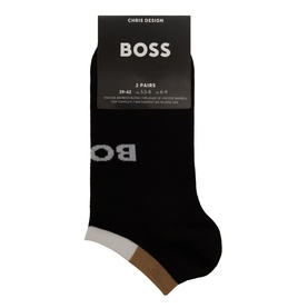 Hugo Boss Two-Pack Logo Ankle Socks in black with contrast ribbed cuff in white and tan, BOSS logo detail, 2 pairs