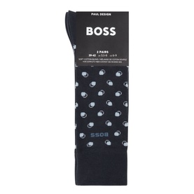 Hugo Boss dark blue cotton blend socks 2-pack, one pair with all-over polka dot print, one plain, in branded packaging