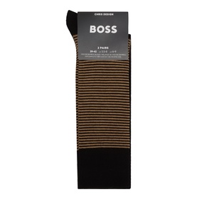 Hugo Boss Stripe Crew Socks Two-Pack in black with tan horizontal stripes, crew length, packaged pair, logo detail visible
