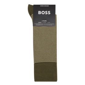 Hugo Boss Stripe Crew Socks Two-Pack in medium green, folded pack showing stripe and solid styles with logo branding