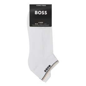 Hugo Boss Iconic Stripe Ankle Socks Three-Pack in white with logo and stripe cuff detail, shown in branded packaging