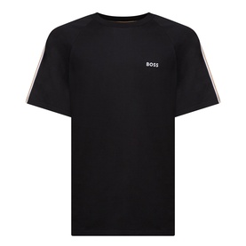 Hugo Boss black cotton T-shirt with BOSS chest logo and striped tape detailing on shoulders