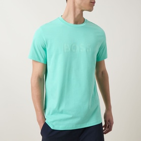 Model wearing Hugo Boss bright green cotton T-shirt with tone-on-tone logo print, crew neck and short sleeves