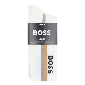 Hugo Boss Active white cotton blend socks 3-pack with bold BOSS logo, shown in branded packaging