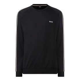 Hugo Boss black cotton loungewear sweatshirt with crew neck, small chest logo, and contrast stripe sleeve detail.
