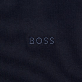 Hugo Boss Three-Pack Classic Logo Lounge Tank Tops in navy, close-up of tonal embossed BOSS chest logo on cotton fabric