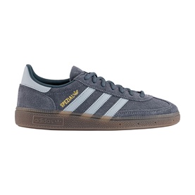 Adidas Handball Spezial trainers in Aurora Onix Halo Silver, grey suede upper, silver three stripes, gold branding, gum rubber sole.