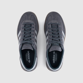 Adidas trainers in Aurora Onix with Halo Silver three stripes, dark suede upper, flat lace-up front, gum sole, overhead view