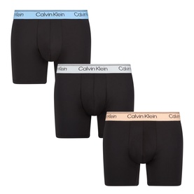 Calvin Klein Boxers 3Pk in black with Gulf Blue, Light Cast and Peach Bliss contrast waistbands, flat lay view