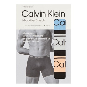 Calvin Klein Microfibre Stretch Boxer Briefs 3-pack in black with Gulf Blue, Light Cast and Peach Bliss waistbands, packaged box front view.