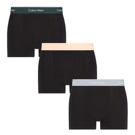 Calvin Klein Boxers 3-Pack in black with darkest spruce, peach bliss, and misty grey waistbands, laid flat