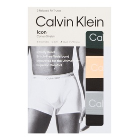 Calvin Klein Icon Cotton Stretch Trunks 3-pack in black with Darkest Spruce, Peach Bliss, and Misty Grey waistbands, boxed packaging