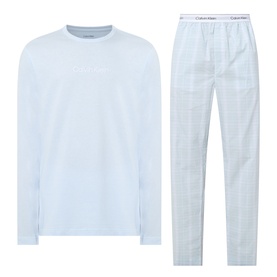 Calvin Klein Logo Check Print Pyjama Set in ballad blue; long-sleeve crew-neck top and check-print straight-leg bottoms with logo waistband