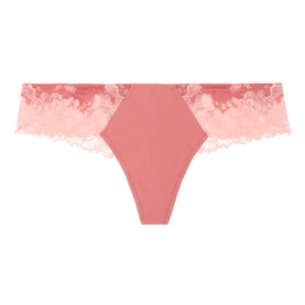 Mey Luxe Lace Thong in Dawn Blush, thong style with tonal sheer lace panels and smooth finish microfibre fabric.