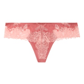Mey Luxe Lace Thong in Dawn Blush, elasticated waist, tonal sheer floral lace panels, smooth finish, thong style