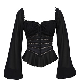 House of CB Cara Georgette Peplum Top in black with sweetheart neckline, lace corset panel, and long balloon sleeves