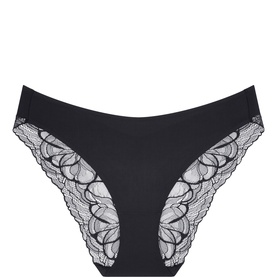 Triumph Body Make-Up Illusion Lace Briefs in black with floral lace panels, high cut leg, and smooth seamless microfibre front