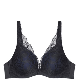 Triumph Body Make-Up Illusion Lace Under Wired Bra in black, plunge neckline, floral lace cups with scalloped trim and smooth microfibre side panels