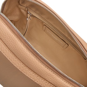 Gianni Chiarini Alifa Crossbody Bag in clay hammered leather, open interior view showing zip compartments and silver-tone hardware detail.