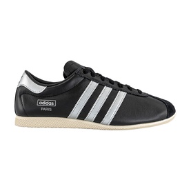 Adidas Paris trainer in core black and silver metallic leather with three stripes, cream rubber sole
