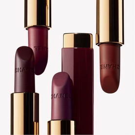 CHANEL Rouge Allure Velvet Luminous Matte Lip Colour lipsticks in deep berry and dark plum shades with gold packaging, multiple angles shown