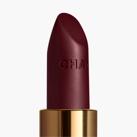CHANEL Rouge Allure Velvet Luminous Matte Lip Colour lipstick bullet in deep burgundy, shown with gold casing
