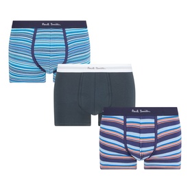 Paul Smith Access Three-Pack Stripe Logo Boxers in multicolour, featuring two striped pairs in blue tones and one solid dark teal pair with logo