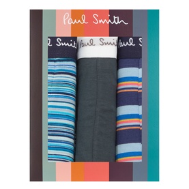 Paul Smith Access Three-Pack Stripe Logo Boxers in multicolour, featuring two striped pairs and one solid charcoal, with branded elasticated