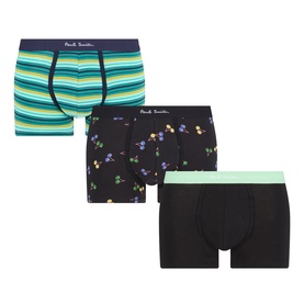 Paul Smith Access Three-Pack Stripe Logo Boxers in multicolour: striped teal, floral black, and solid black with mint waistband.