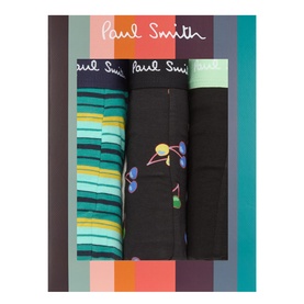 Paul Smith Access Three-Pack Stripe Logo Boxers in multicolour, featuring stripe, floral print and solid black styles in gift box packaging.